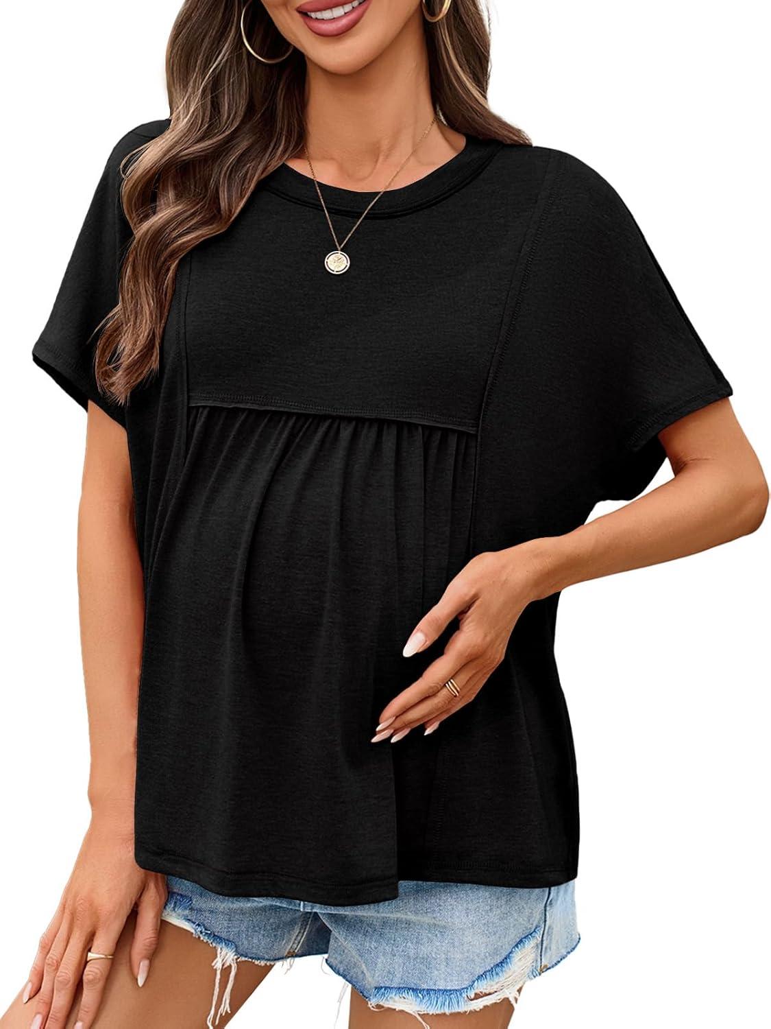 imageTankaneo Womens Maternity Tops Summer Batwing Short Sleeve Casual T Shirts Oversized Pleated Pregnancy ClothesBlack