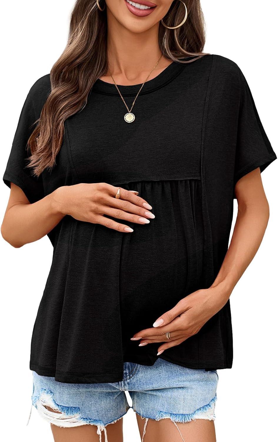 imageTankaneo Womens Maternity Tops Summer Batwing Short Sleeve Casual T Shirts Oversized Pleated Pregnancy ClothesBlack