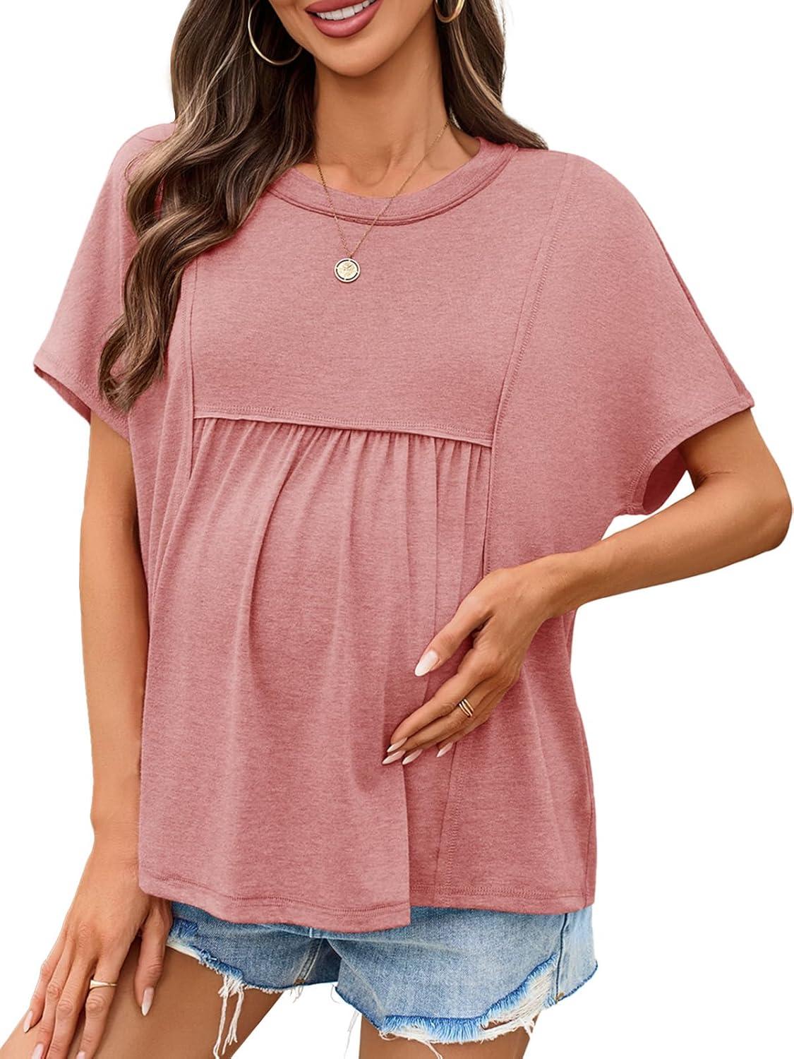 imageTankaneo Womens Maternity Tops Summer Batwing Short Sleeve Casual T Shirts Oversized Pleated Pregnancy ClothesBrick Red