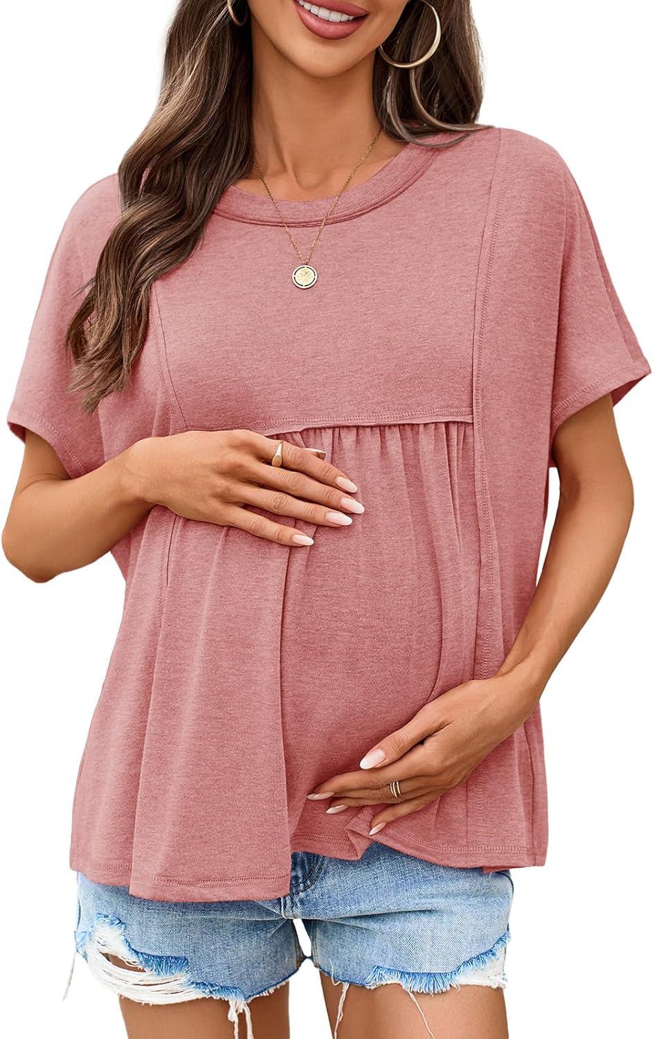 imageTankaneo Womens Maternity Tops Summer Batwing Short Sleeve Casual T Shirts Oversized Pleated Pregnancy ClothesBrick Red