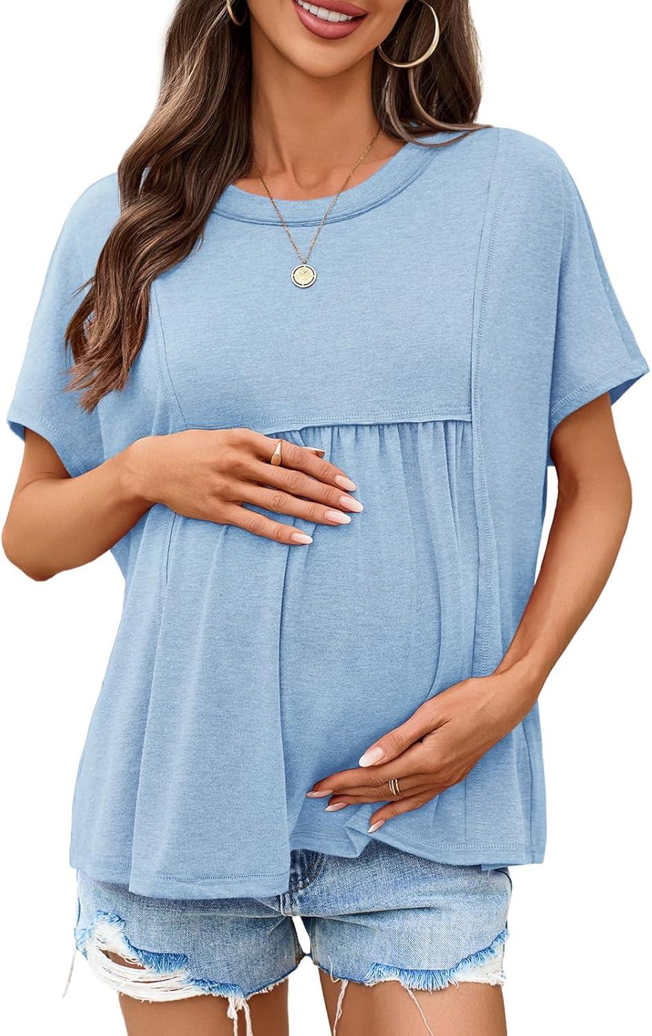 imageTankaneo Womens Maternity Tops Summer Batwing Short Sleeve Casual T Shirts Oversized Pleated Pregnancy ClothesSky Blue