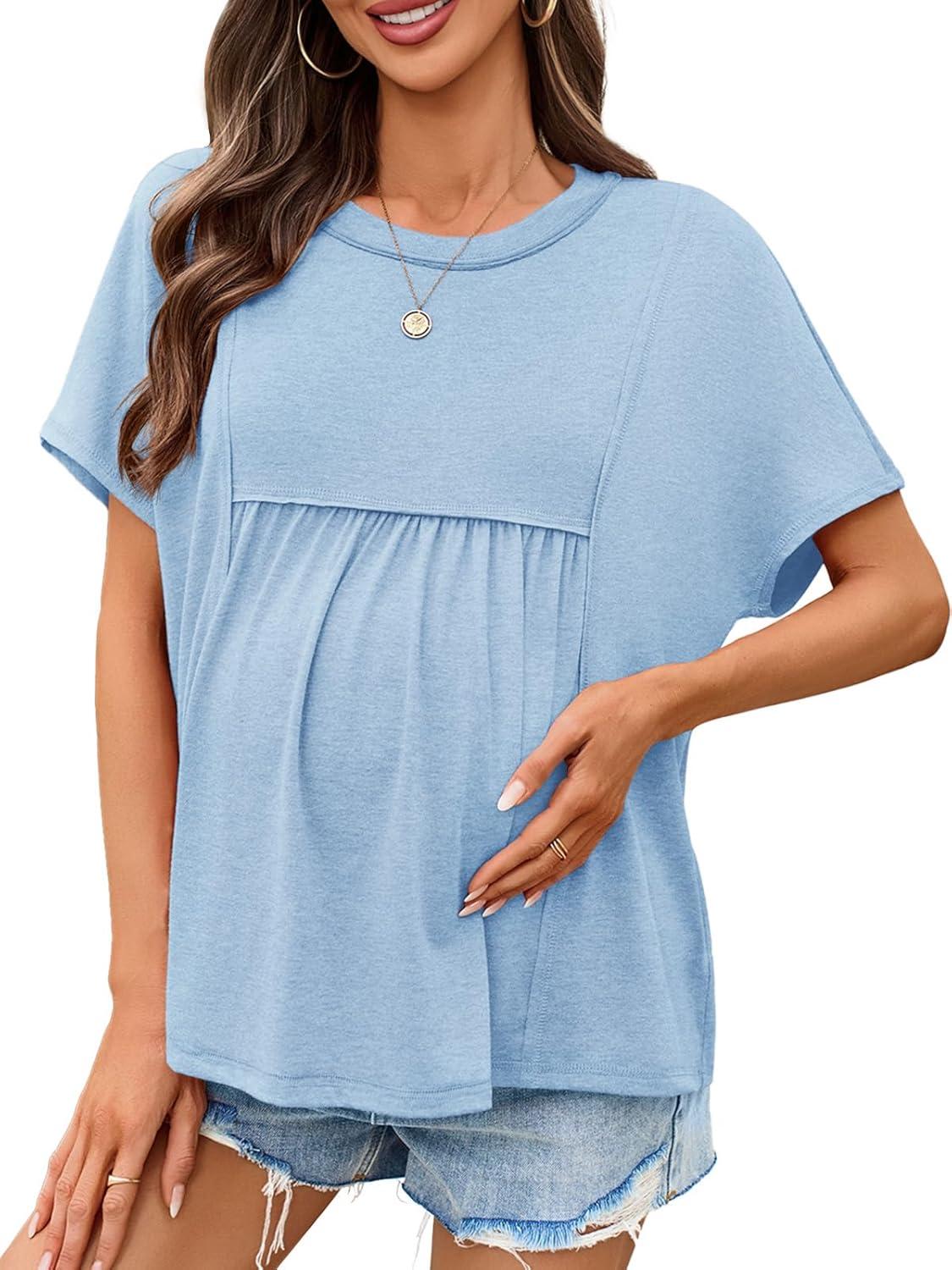 imageTankaneo Womens Maternity Tops Summer Batwing Short Sleeve Casual T Shirts Oversized Pleated Pregnancy ClothesSky Blue