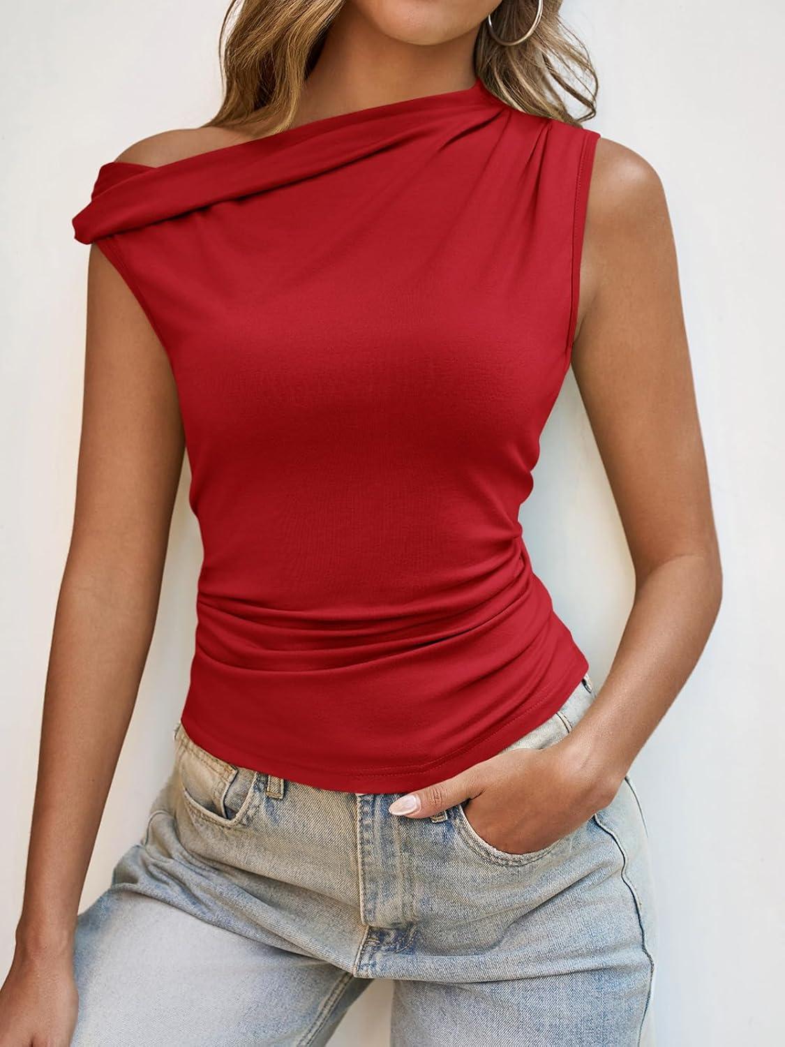 imageTankaneo Womens Off The Shoulder Tops Boat Neck Fitted Ruched Shirt Summer Trendy Y2K Going Out Tank TopsRed