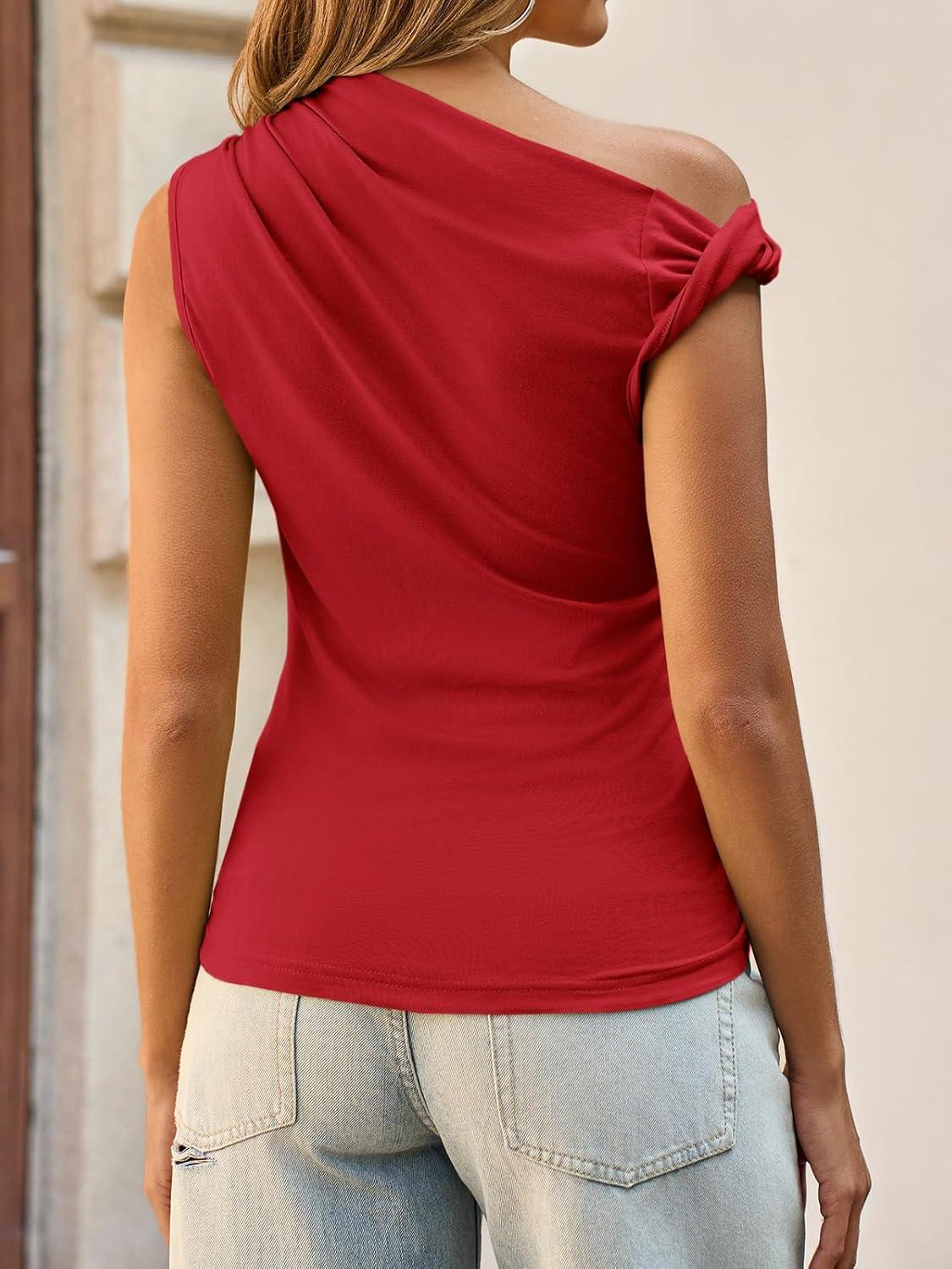 imageTankaneo Womens Off The Shoulder Tops Boat Neck Fitted Ruched Shirt Summer Trendy Y2K Going Out Tank TopsRed