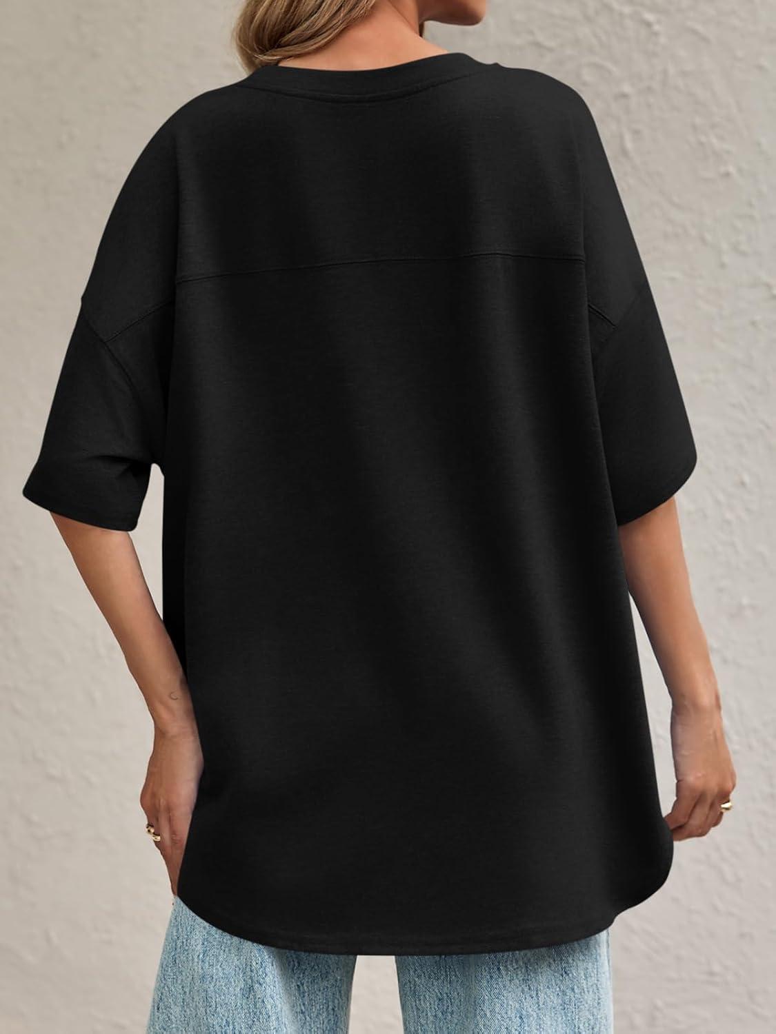 imageTankaneo Womens Oversized Crewneck Shirts Short Sleeve Off The Shoulders Tops Curved Hem TshirtBlack