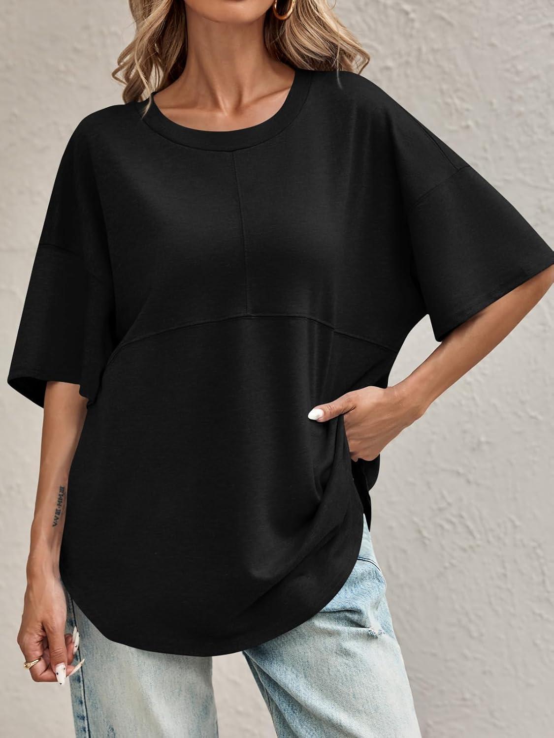 imageTankaneo Womens Oversized Crewneck Shirts Short Sleeve Off The Shoulders Tops Curved Hem TshirtBlack