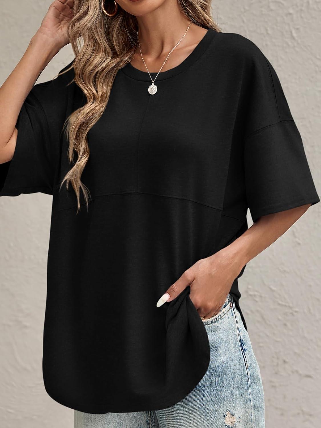imageTankaneo Womens Oversized Crewneck Shirts Short Sleeve Off The Shoulders Tops Curved Hem TshirtBlack