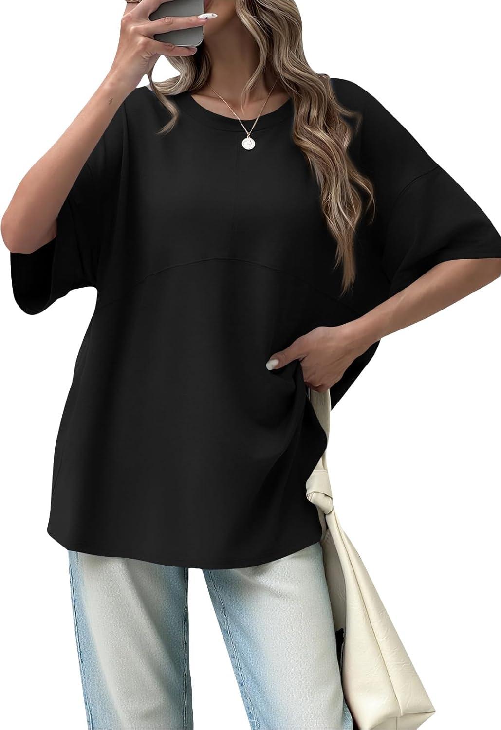 imageTankaneo Womens Oversized Crewneck Shirts Short Sleeve Off The Shoulders Tops Curved Hem TshirtBlack