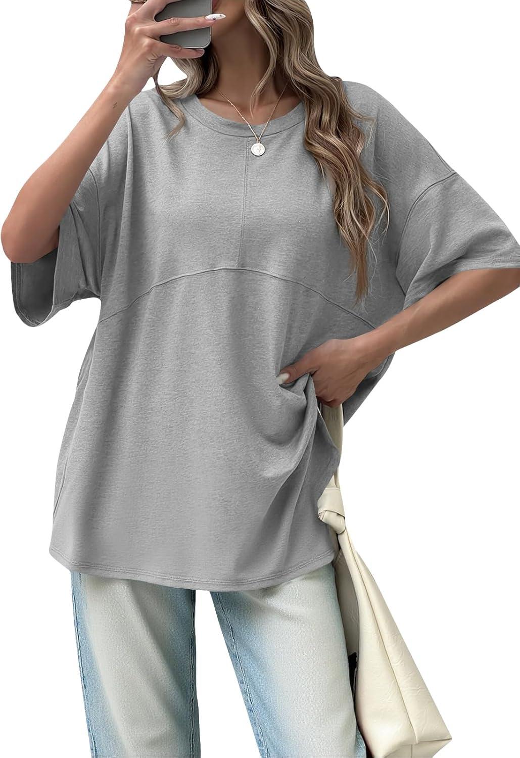 imageTankaneo Womens Oversized Crewneck Shirts Short Sleeve Off The Shoulders Tops Curved Hem TshirtGrey