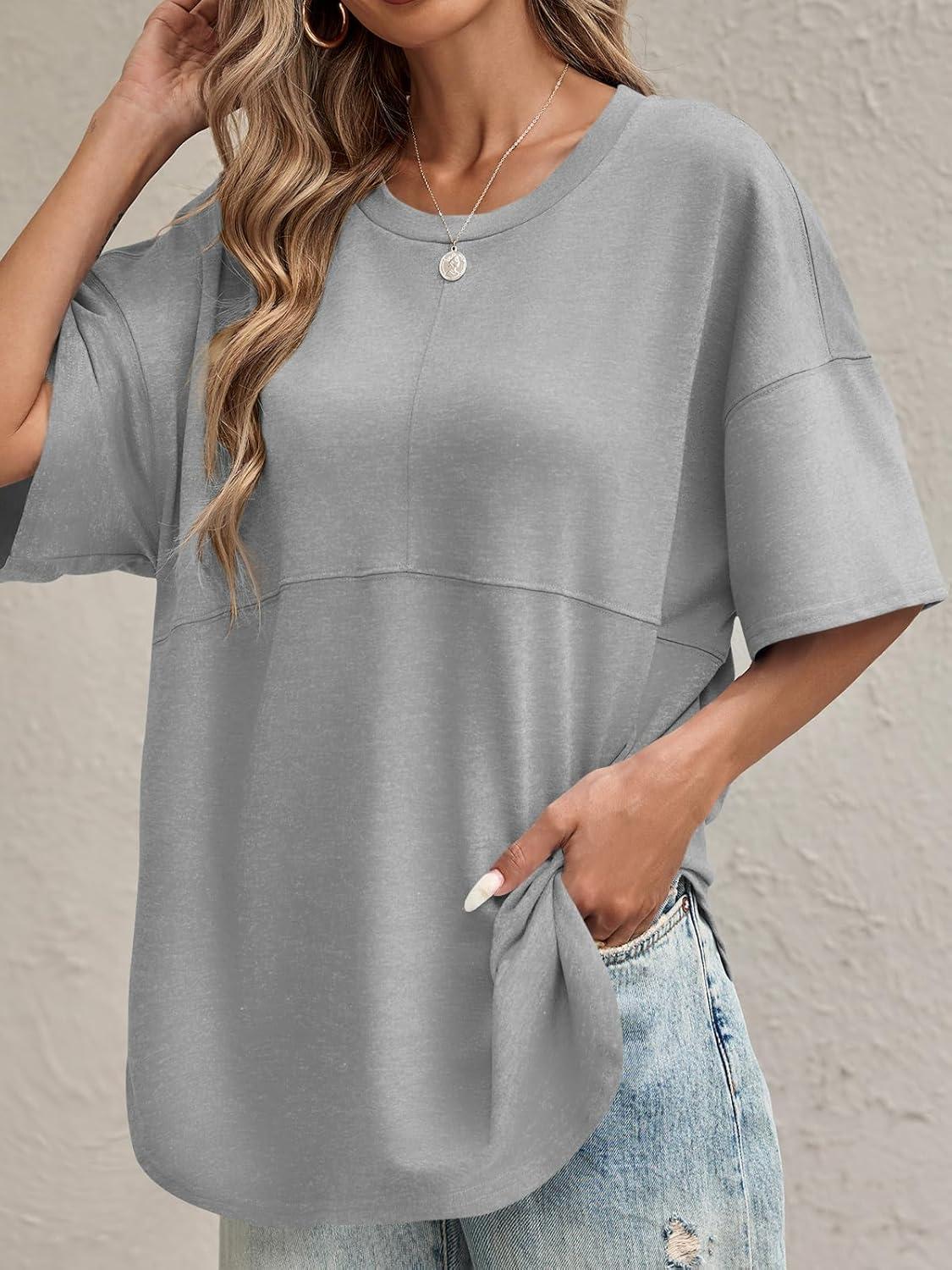 imageTankaneo Womens Oversized Crewneck Shirts Short Sleeve Off The Shoulders Tops Curved Hem TshirtGrey