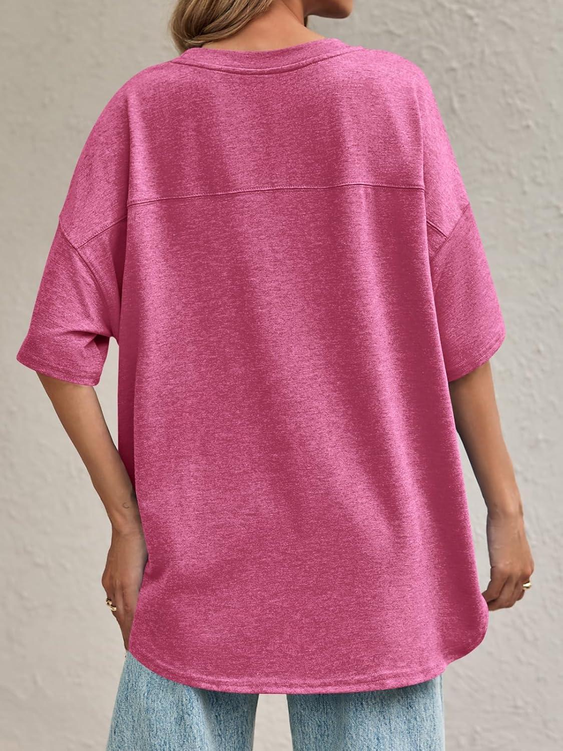 imageTankaneo Womens Oversized Crewneck Shirts Short Sleeve Off The Shoulders Tops Curved Hem TshirtRose Red