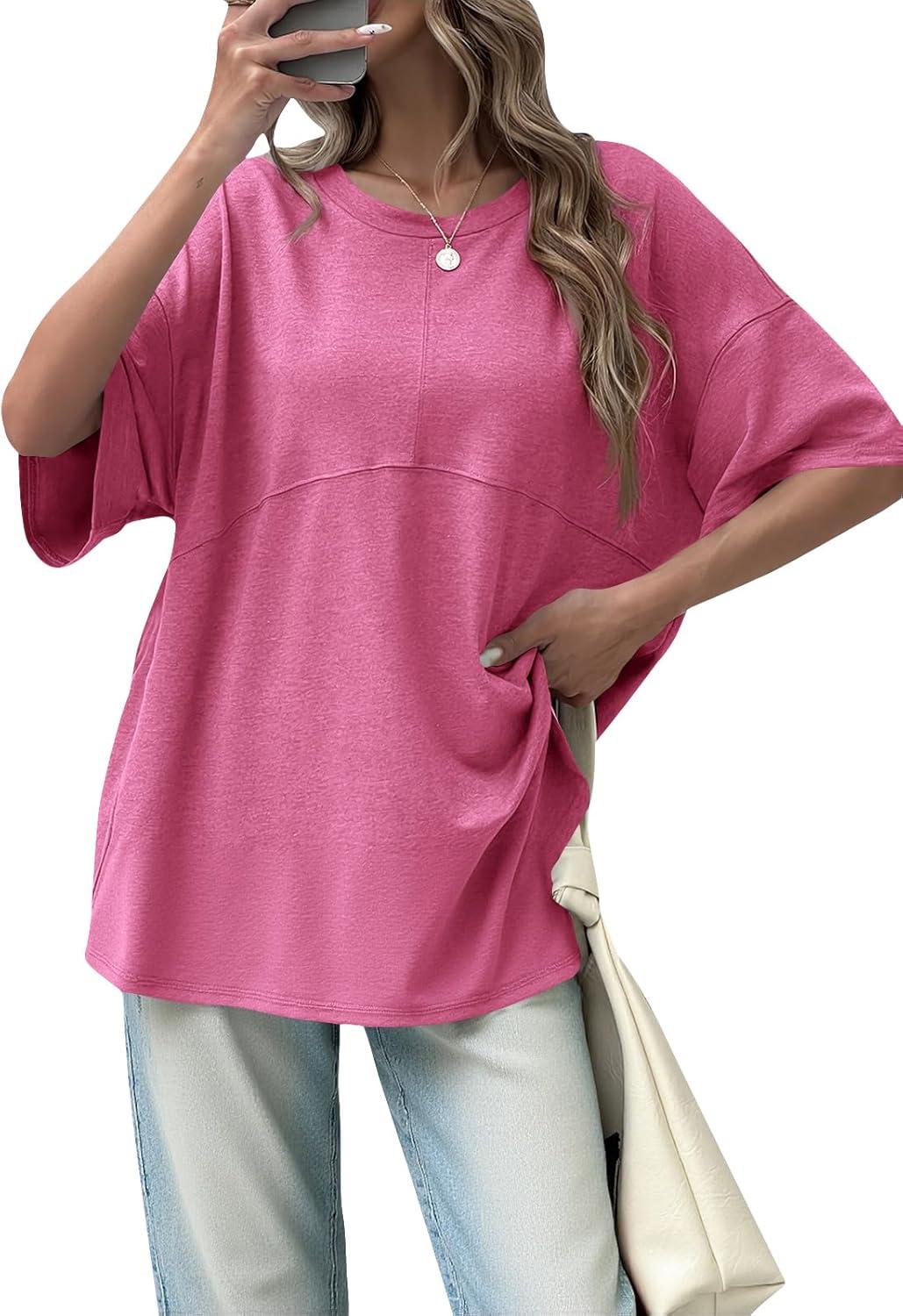 imageTankaneo Womens Oversized Crewneck Shirts Short Sleeve Off The Shoulders Tops Curved Hem TshirtRose Red
