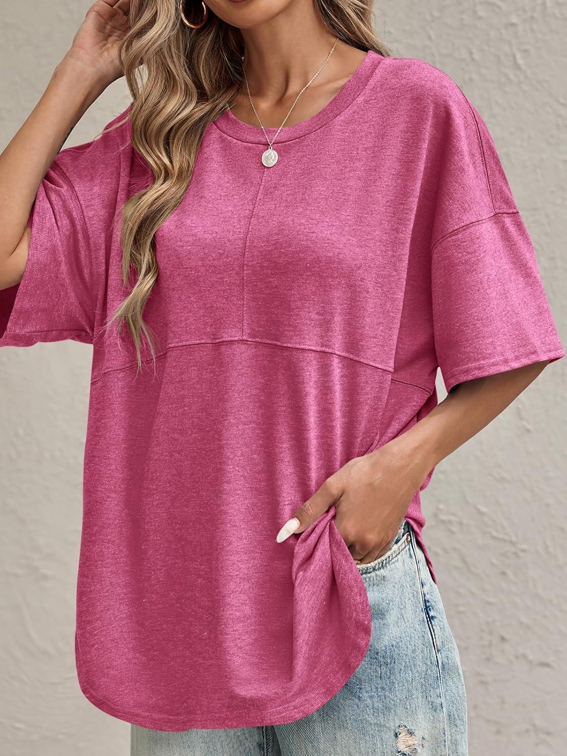 imageTankaneo Womens Oversized Crewneck Shirts Short Sleeve Off The Shoulders Tops Curved Hem TshirtRose Red