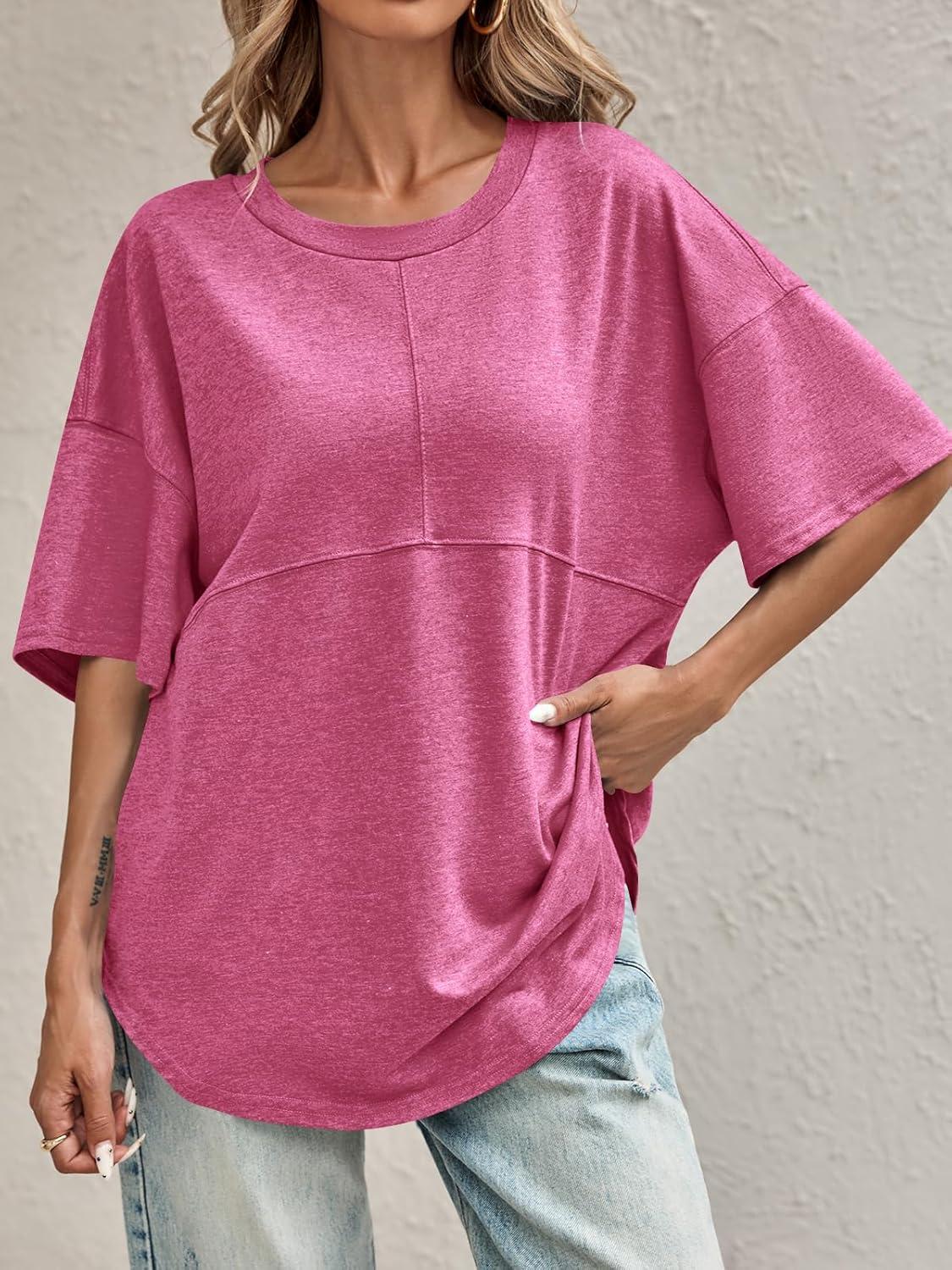 imageTankaneo Womens Oversized Crewneck Shirts Short Sleeve Off The Shoulders Tops Curved Hem TshirtRose Red