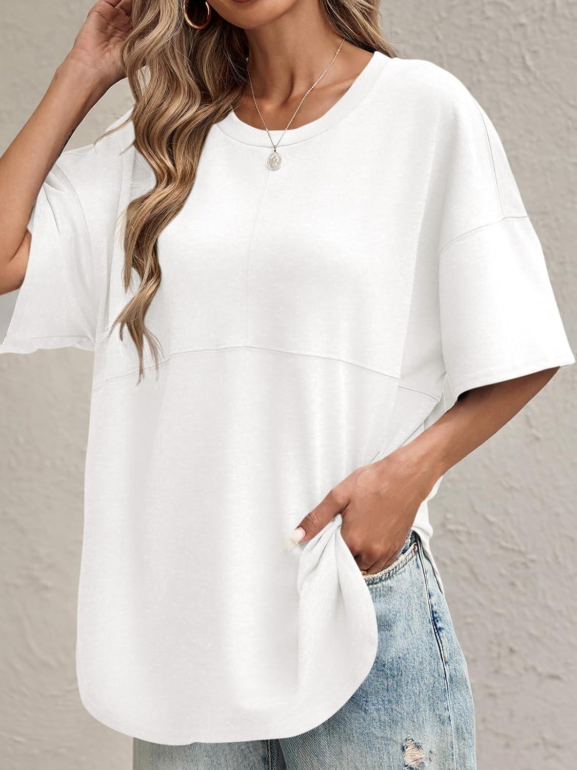imageTankaneo Womens Oversized Crewneck Shirts Short Sleeve Off The Shoulders Tops Curved Hem TshirtWhite