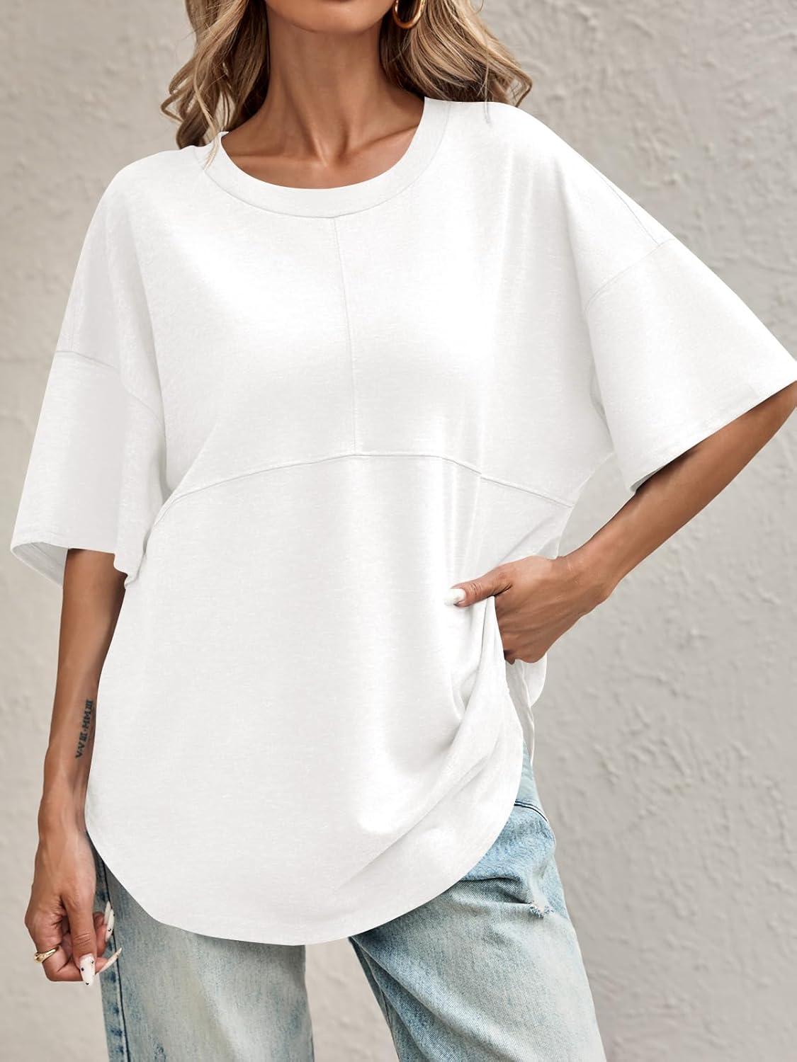 imageTankaneo Womens Oversized Crewneck Shirts Short Sleeve Off The Shoulders Tops Curved Hem TshirtWhite