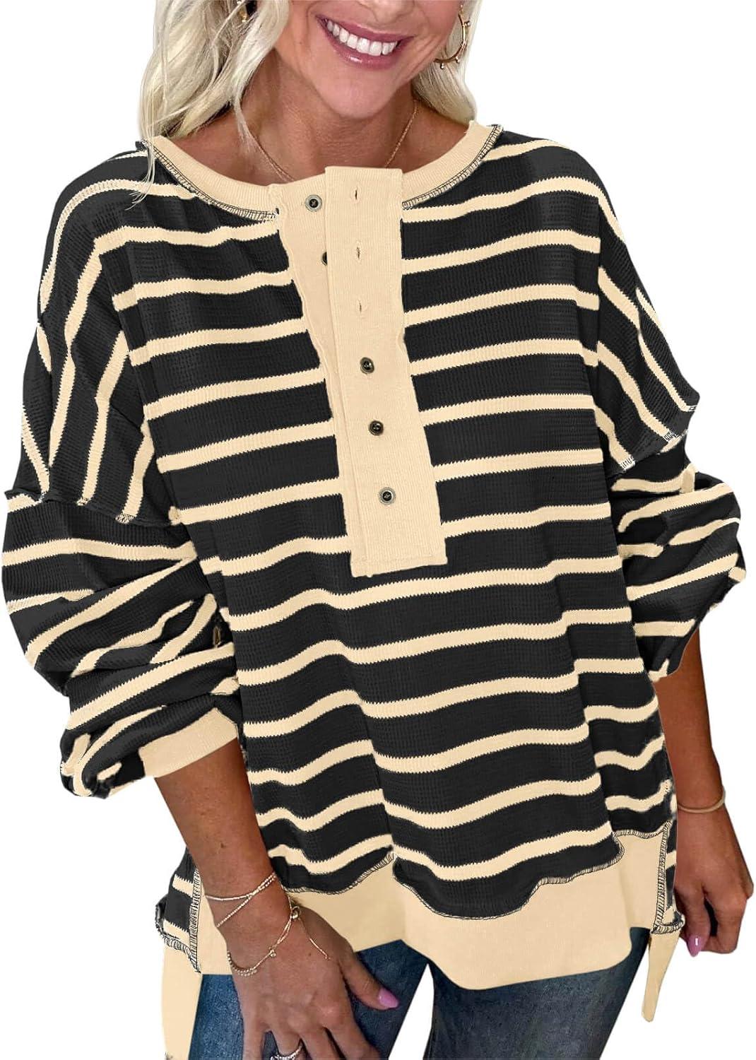 imageTankaneo Womens Oversized Striped Sweatshirts Henley Shirts Color Block Casual Pullover Waffle Knit TopsBlack Beige