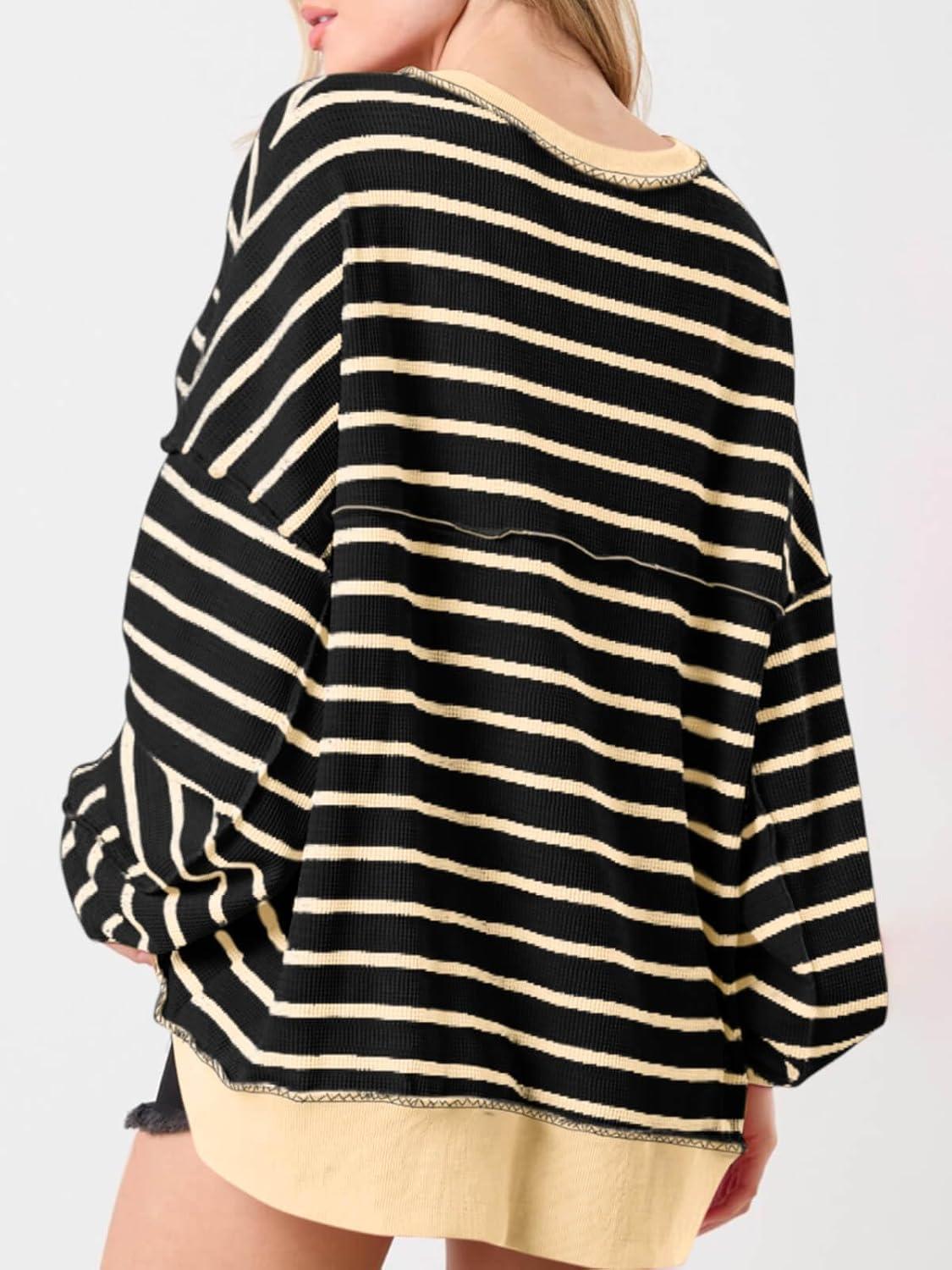 imageTankaneo Womens Oversized Striped Sweatshirts Henley Shirts Color Block Casual Pullover Waffle Knit TopsBlack Beige