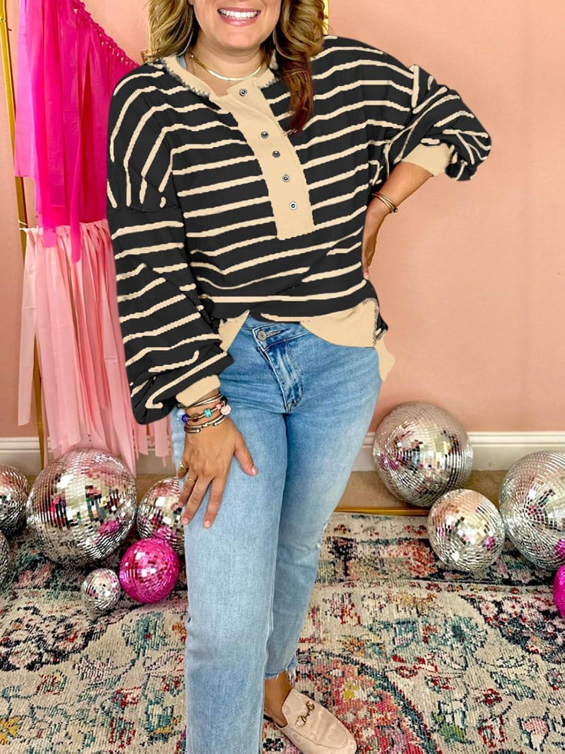 imageTankaneo Womens Oversized Striped Sweatshirts Henley Shirts Color Block Casual Pullover Waffle Knit TopsBlack Beige