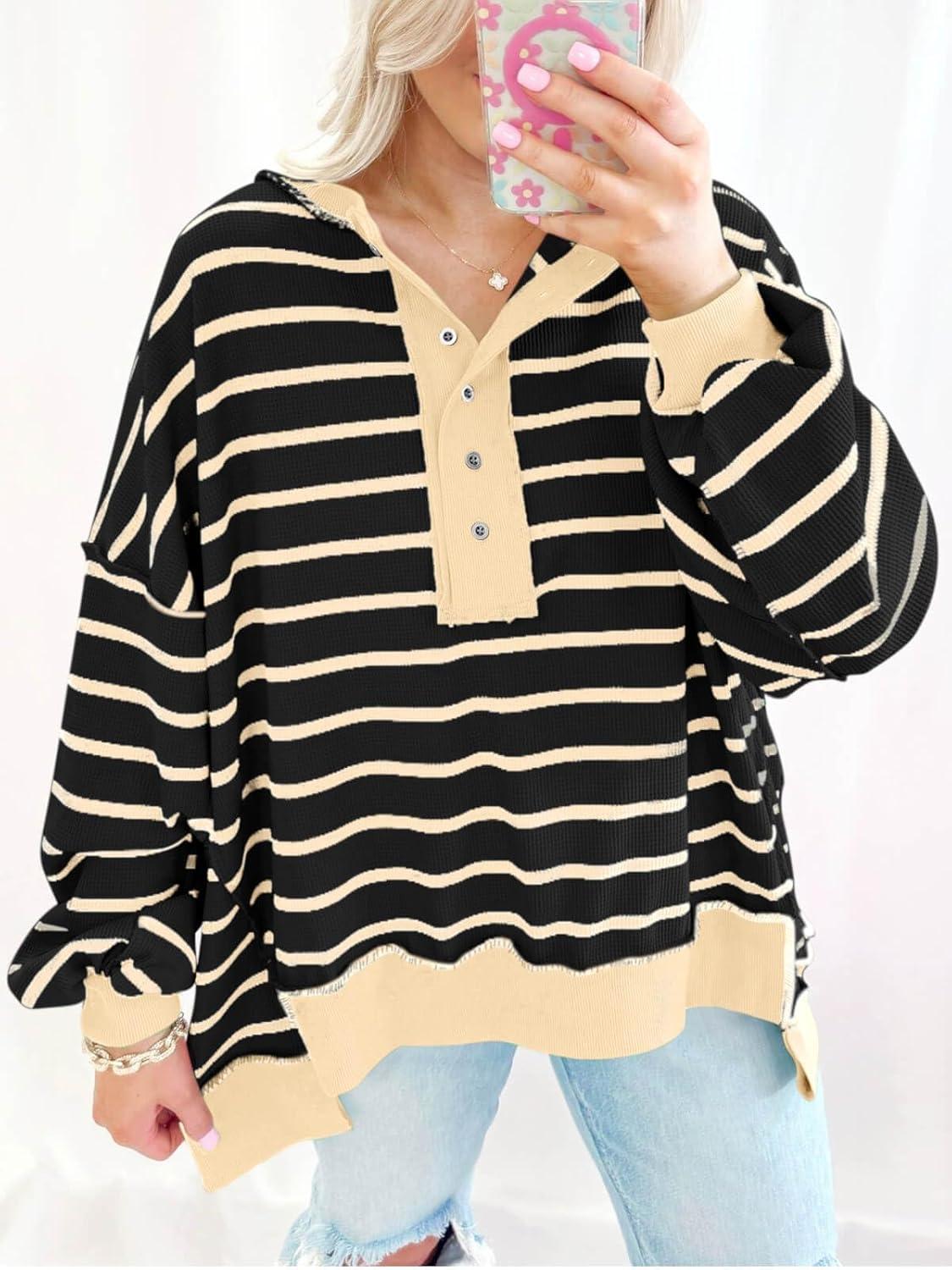 imageTankaneo Womens Oversized Striped Sweatshirts Henley Shirts Color Block Casual Pullover Waffle Knit TopsBlack Beige