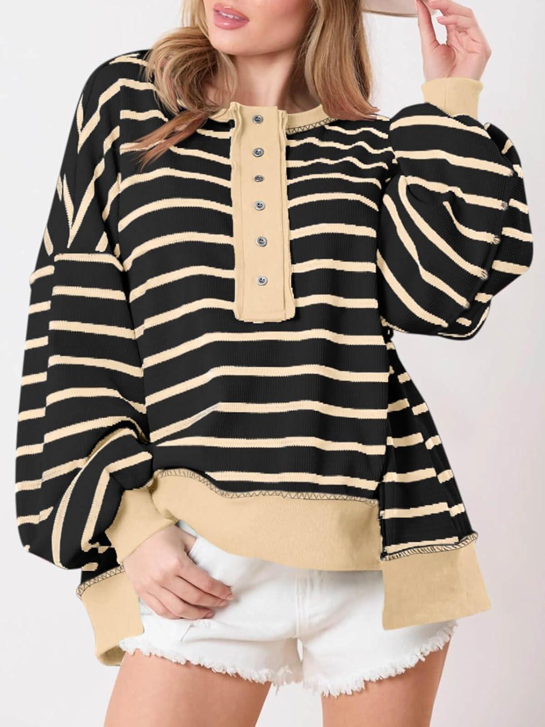 imageTankaneo Womens Oversized Striped Sweatshirts Henley Shirts Color Block Casual Pullover Waffle Knit TopsBlack Beige