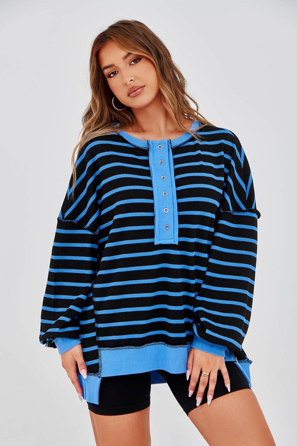 imageTankaneo Womens Oversized Striped Sweatshirts Henley Shirts Color Block Casual Pullover Waffle Knit TopsBlack Blue