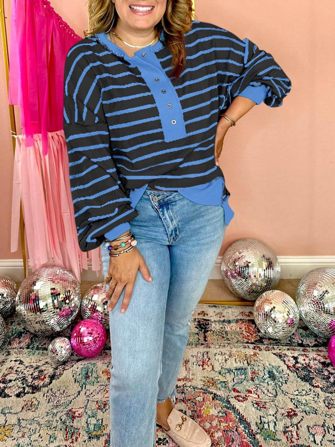 imageTankaneo Womens Oversized Striped Sweatshirts Henley Shirts Color Block Casual Pullover Waffle Knit TopsBlack Blue