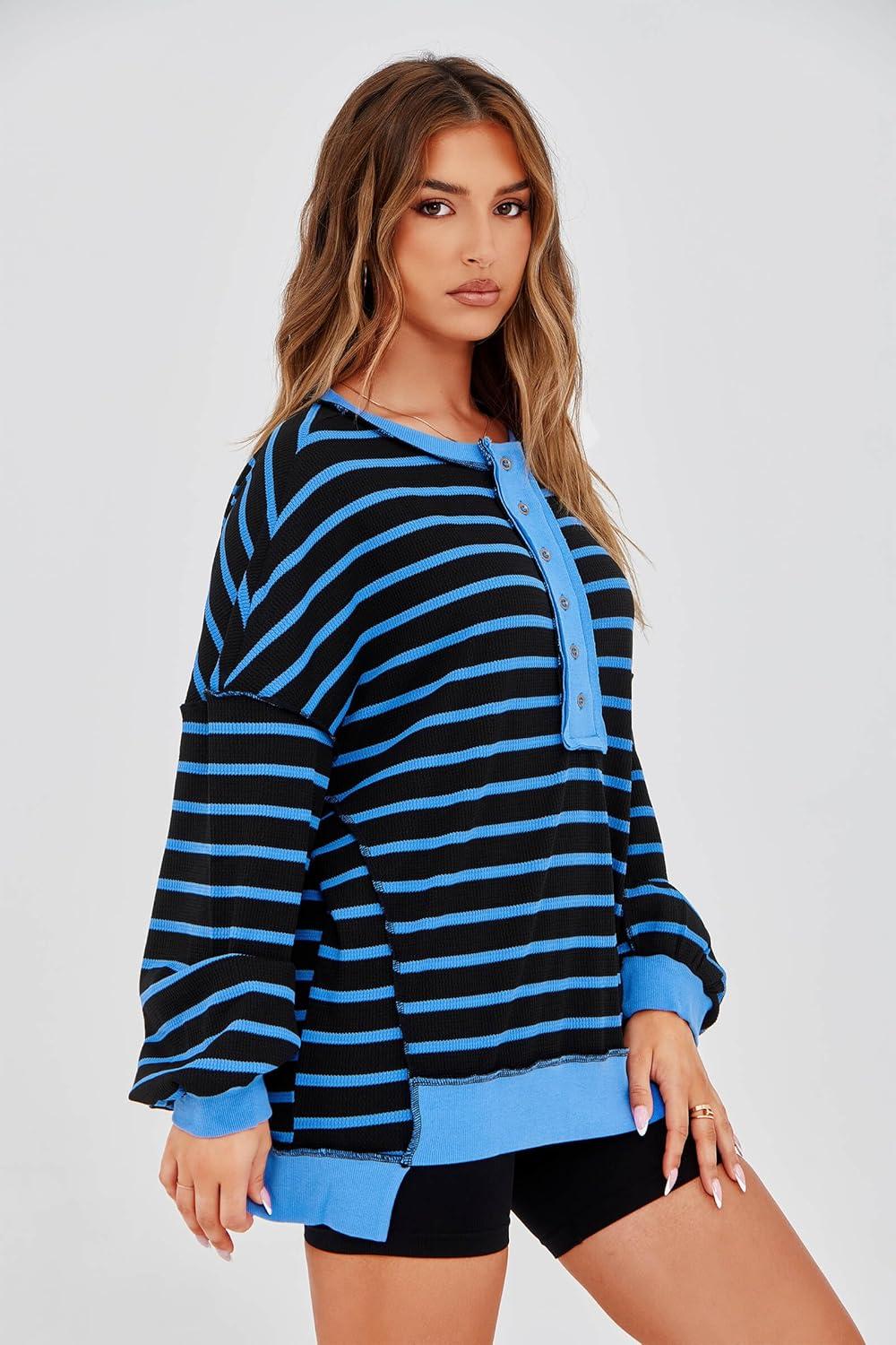 imageTankaneo Womens Oversized Striped Sweatshirts Henley Shirts Color Block Casual Pullover Waffle Knit TopsBlack Blue