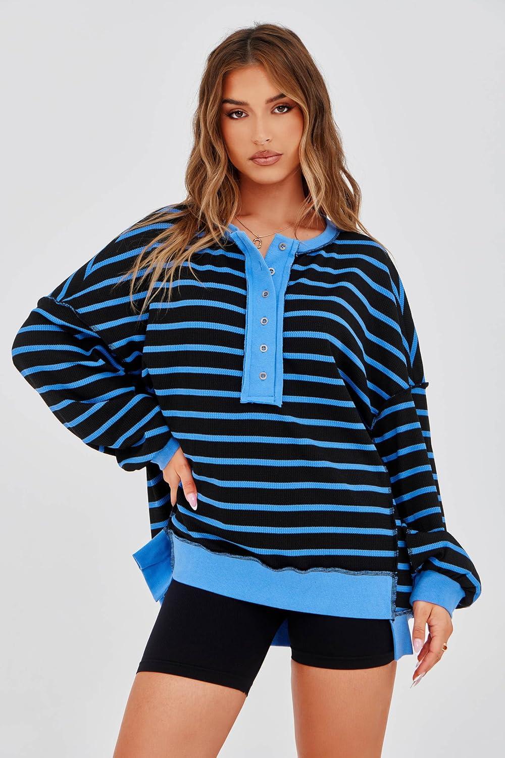 imageTankaneo Womens Oversized Striped Sweatshirts Henley Shirts Color Block Casual Pullover Waffle Knit TopsBlack Blue