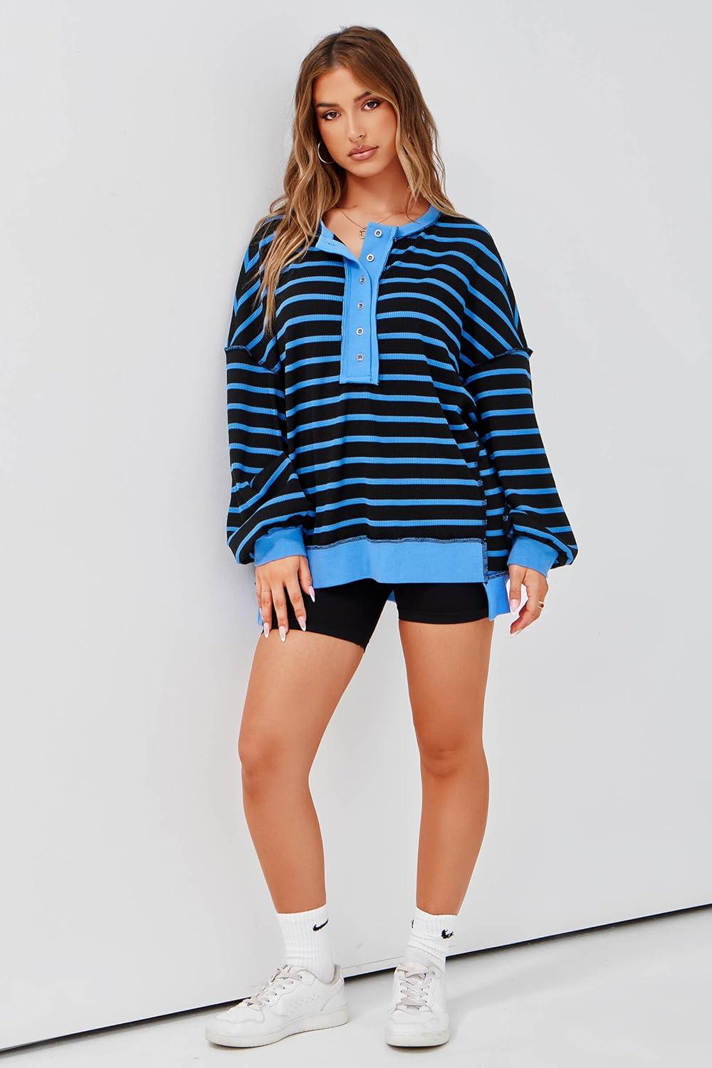 imageTankaneo Womens Oversized Striped Sweatshirts Henley Shirts Color Block Casual Pullover Waffle Knit TopsBlack Blue