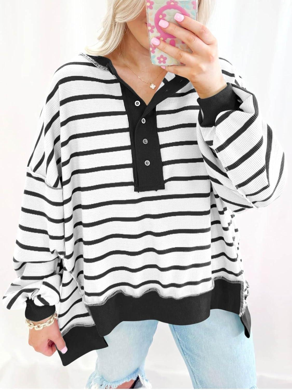 imageTankaneo Womens Oversized Striped Sweatshirts Henley Shirts Color Block Casual Pullover Waffle Knit TopsBlack White