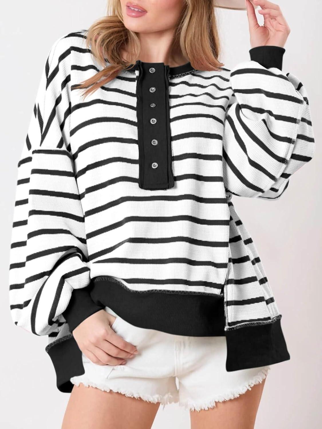 imageTankaneo Womens Oversized Striped Sweatshirts Henley Shirts Color Block Casual Pullover Waffle Knit TopsBlack White