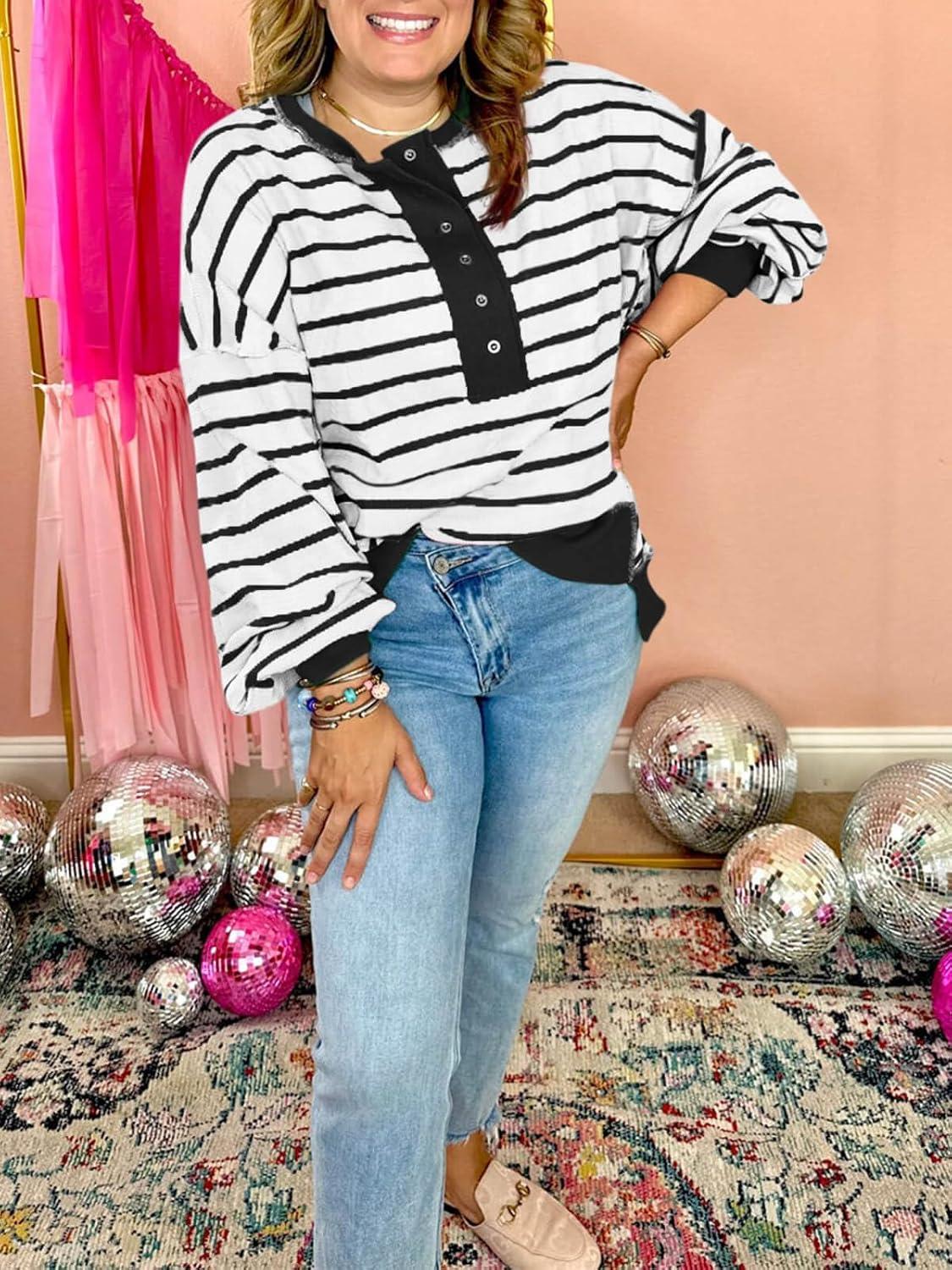 imageTankaneo Womens Oversized Striped Sweatshirts Henley Shirts Color Block Casual Pullover Waffle Knit TopsBlack White