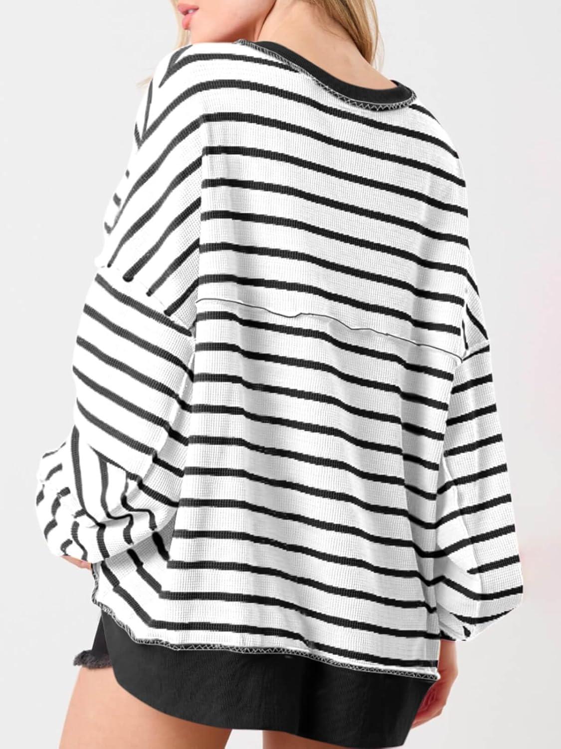 imageTankaneo Womens Oversized Striped Sweatshirts Henley Shirts Color Block Casual Pullover Waffle Knit TopsBlack White