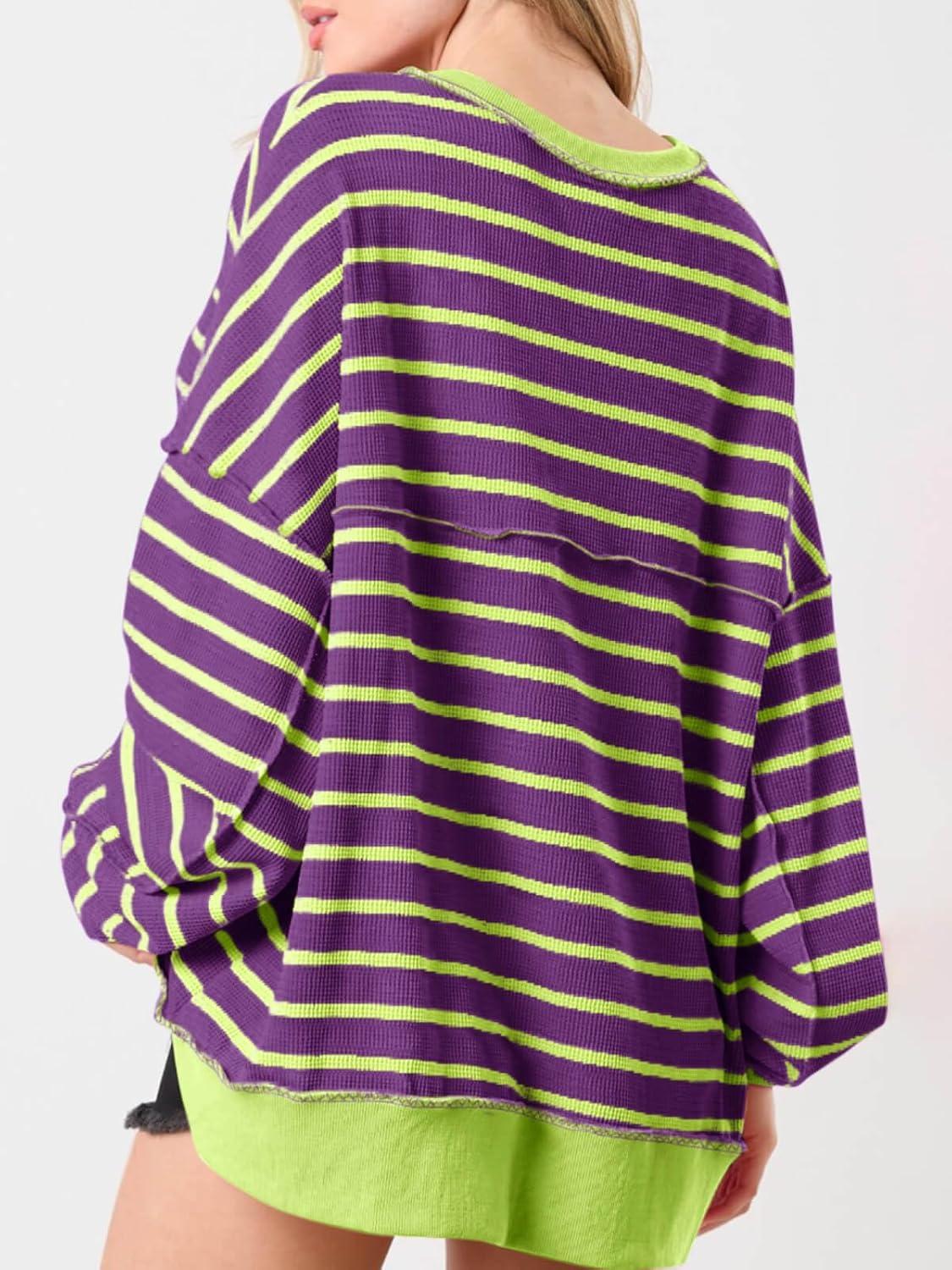 imageTankaneo Womens Oversized Striped Sweatshirts Henley Shirts Color Block Casual Pullover Waffle Knit TopsPurple