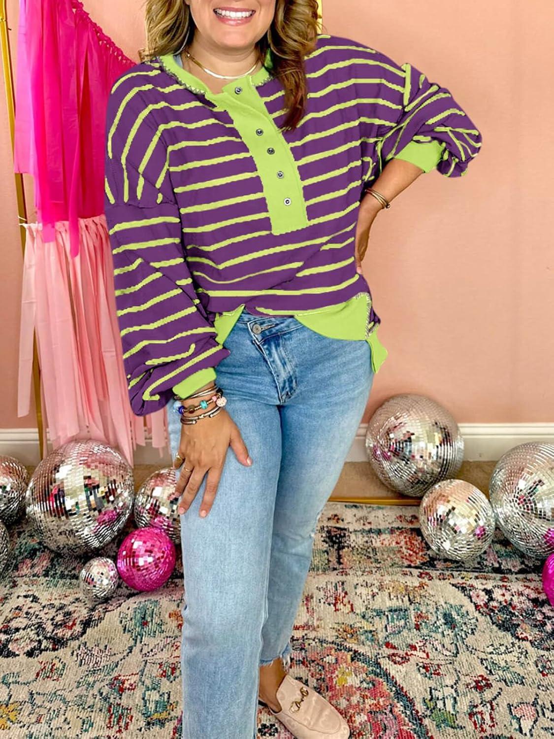 imageTankaneo Womens Oversized Striped Sweatshirts Henley Shirts Color Block Casual Pullover Waffle Knit TopsPurple