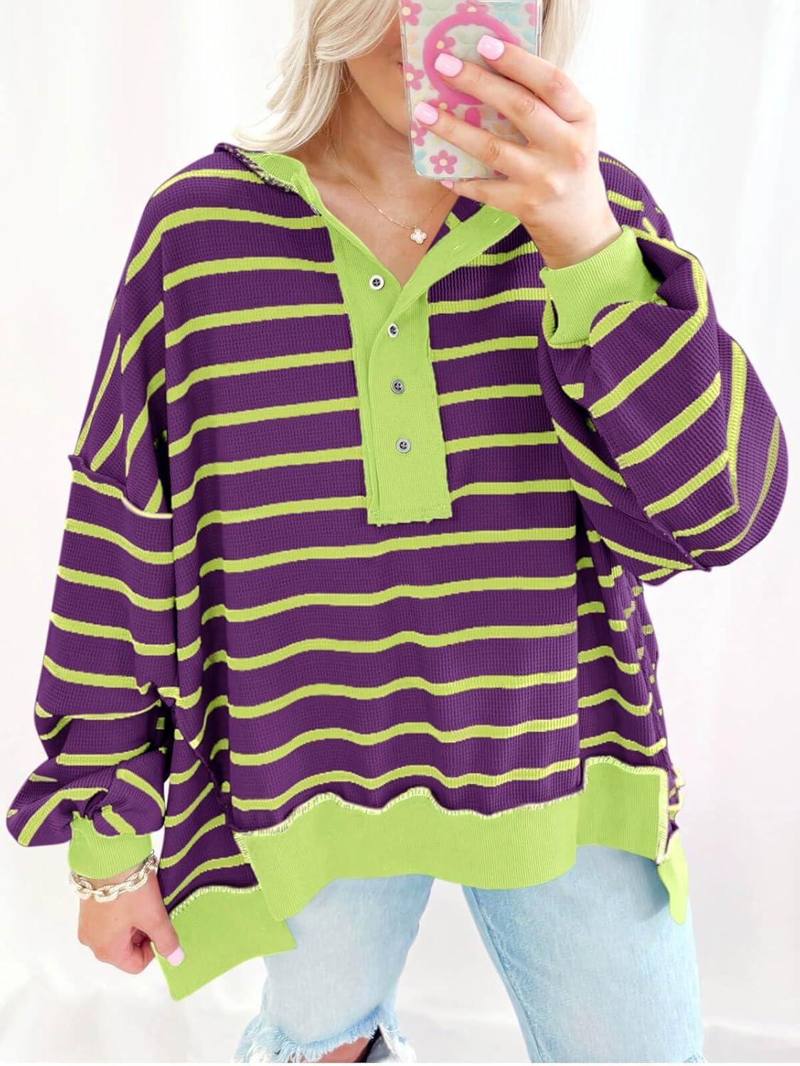 imageTankaneo Womens Oversized Striped Sweatshirts Henley Shirts Color Block Casual Pullover Waffle Knit TopsPurple