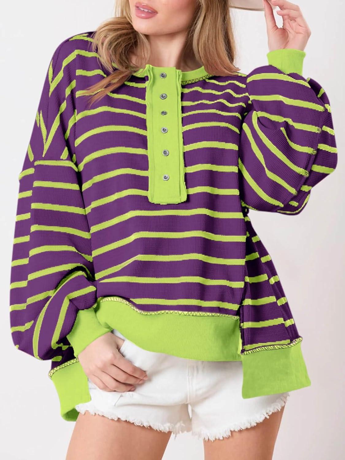 imageTankaneo Womens Oversized Striped Sweatshirts Henley Shirts Color Block Casual Pullover Waffle Knit TopsPurple