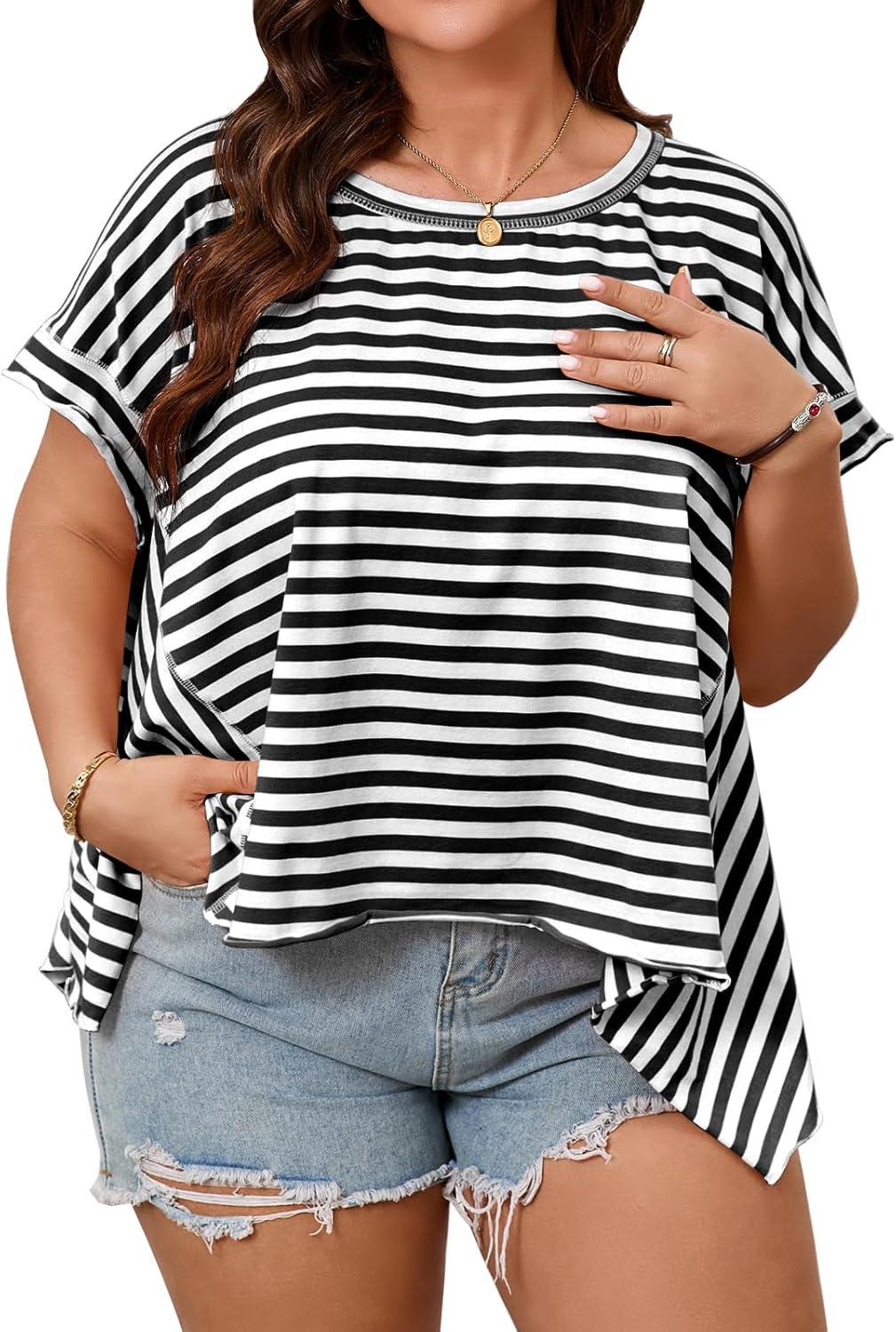 imageTankaneo Womens Oversized Striped Tshirts Irregular Hem Batwing Short Sleeve Tops Summer Casual Round Neck Tee ShirtsBlack