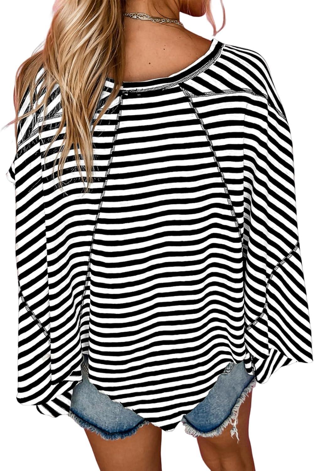imageTankaneo Womens Oversized Striped Tshirts Irregular Hem Batwing Short Sleeve Tops Summer Casual Round Neck Tee ShirtsBlack