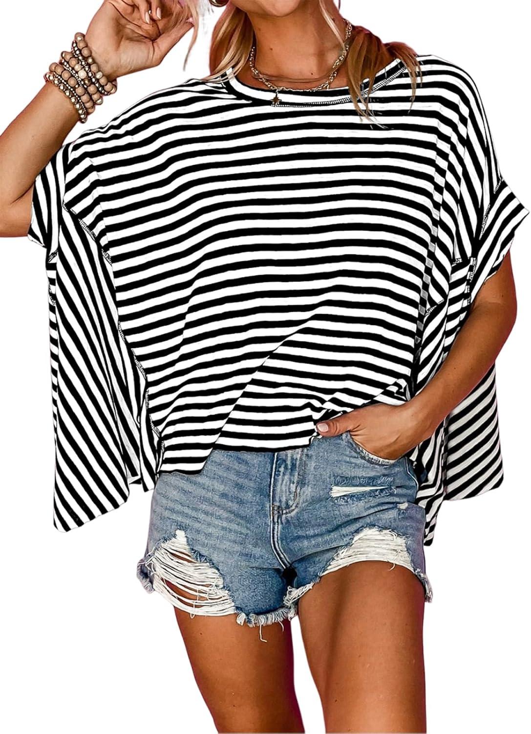 imageTankaneo Womens Oversized Striped Tshirts Irregular Hem Batwing Short Sleeve Tops Summer Casual Round Neck Tee ShirtsBlack
