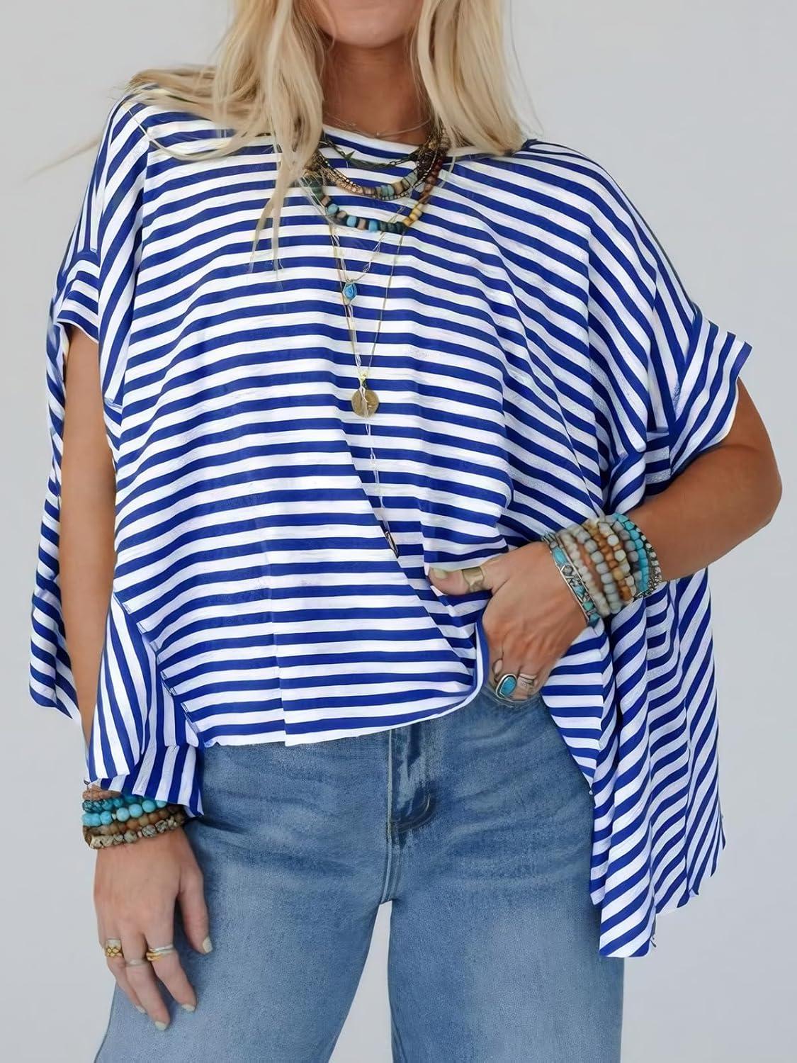 imageTankaneo Womens Oversized Striped Tshirts Irregular Hem Batwing Short Sleeve Tops Summer Casual Round Neck Tee ShirtsBlue
