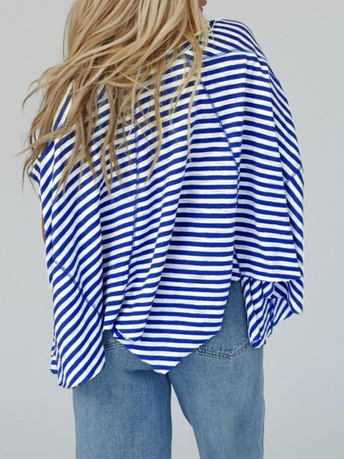 imageTankaneo Womens Oversized Striped Tshirts Irregular Hem Batwing Short Sleeve Tops Summer Casual Round Neck Tee ShirtsBlue