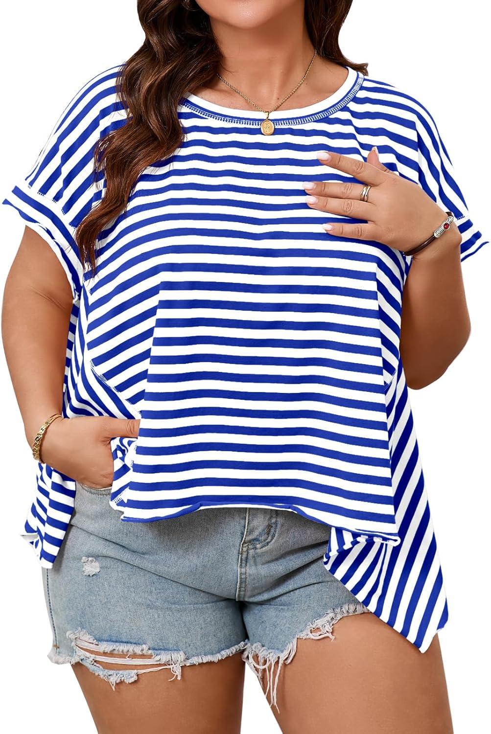 imageTankaneo Womens Oversized Striped Tshirts Irregular Hem Batwing Short Sleeve Tops Summer Casual Round Neck Tee ShirtsBlue