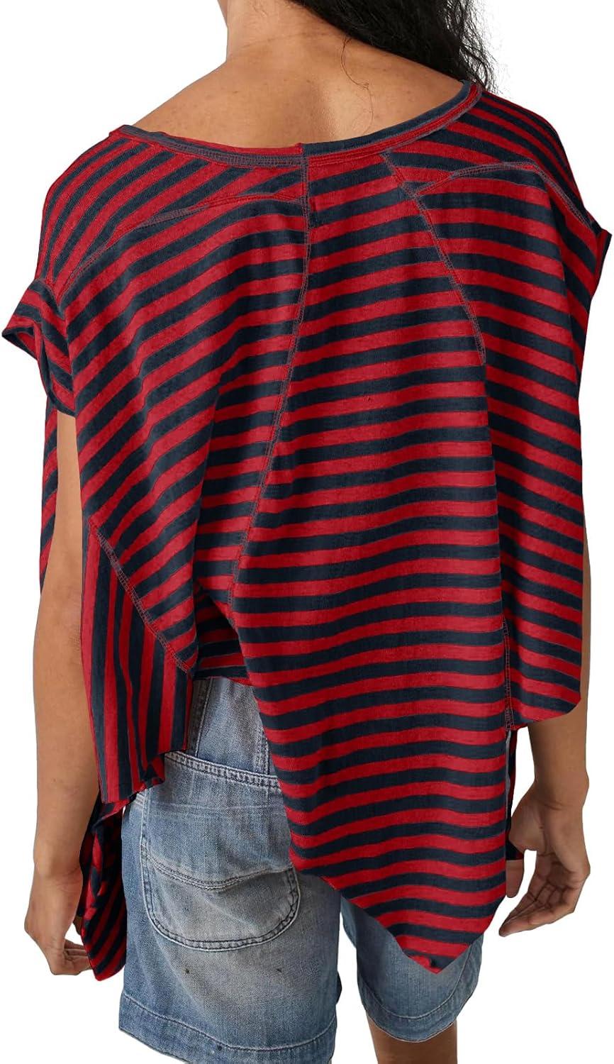 imageTankaneo Womens Oversized Striped Tshirts Irregular Hem Batwing Short Sleeve Tops Summer Casual Round Neck Tee ShirtsRed