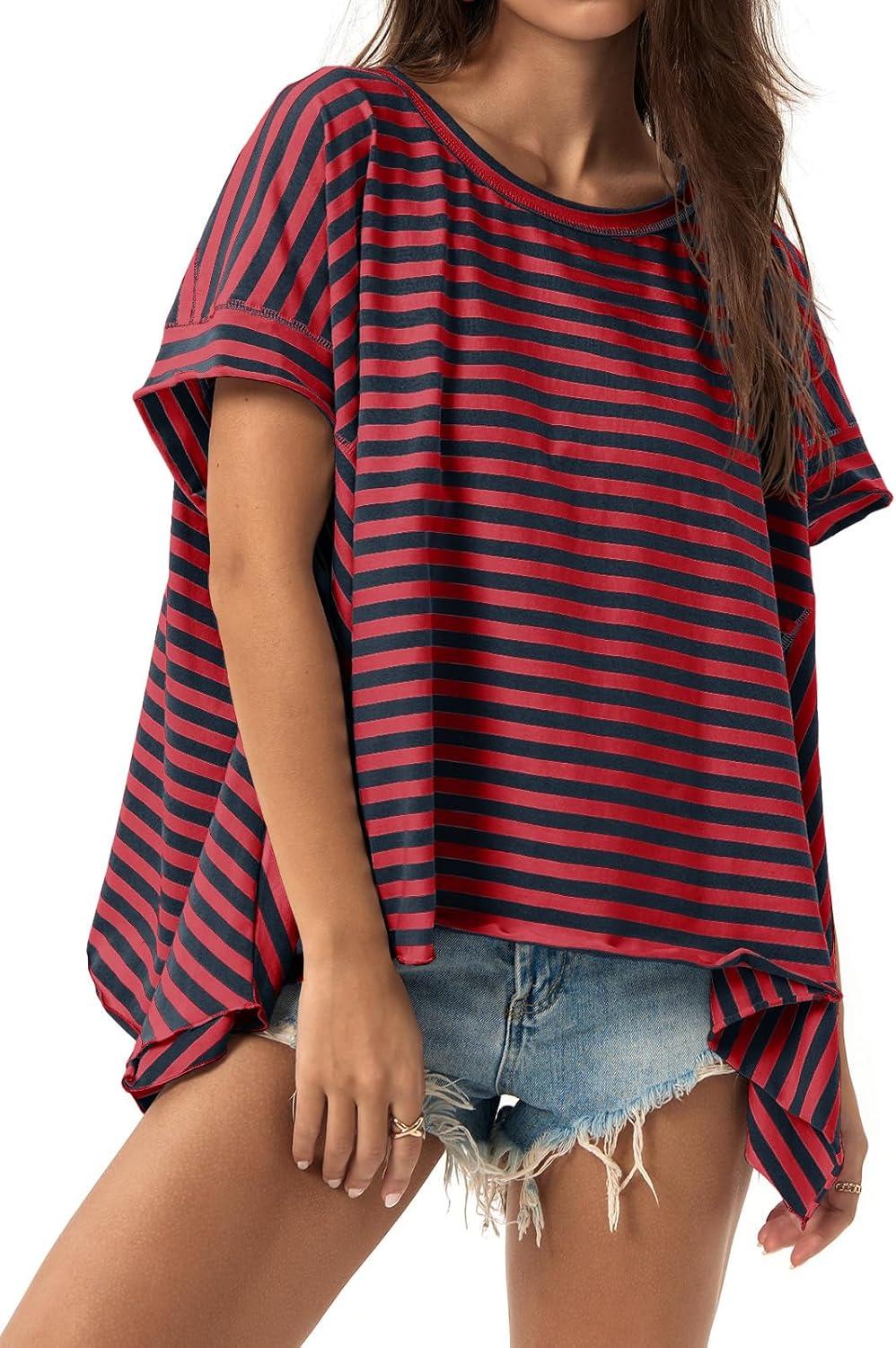 imageTankaneo Womens Oversized Striped Tshirts Irregular Hem Batwing Short Sleeve Tops Summer Casual Round Neck Tee ShirtsRed