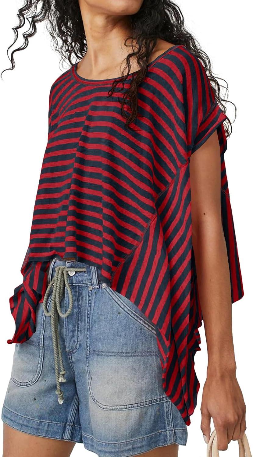 imageTankaneo Womens Oversized Striped Tshirts Irregular Hem Batwing Short Sleeve Tops Summer Casual Round Neck Tee ShirtsRed