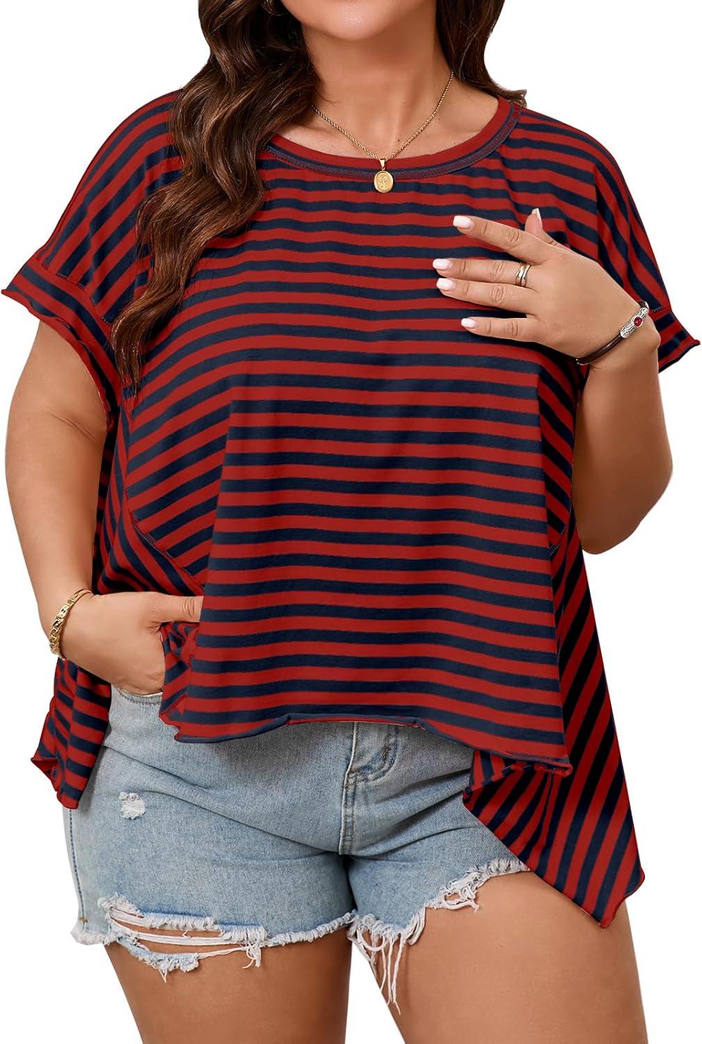 imageTankaneo Womens Oversized Striped Tshirts Irregular Hem Batwing Short Sleeve Tops Summer Casual Round Neck Tee ShirtsRed