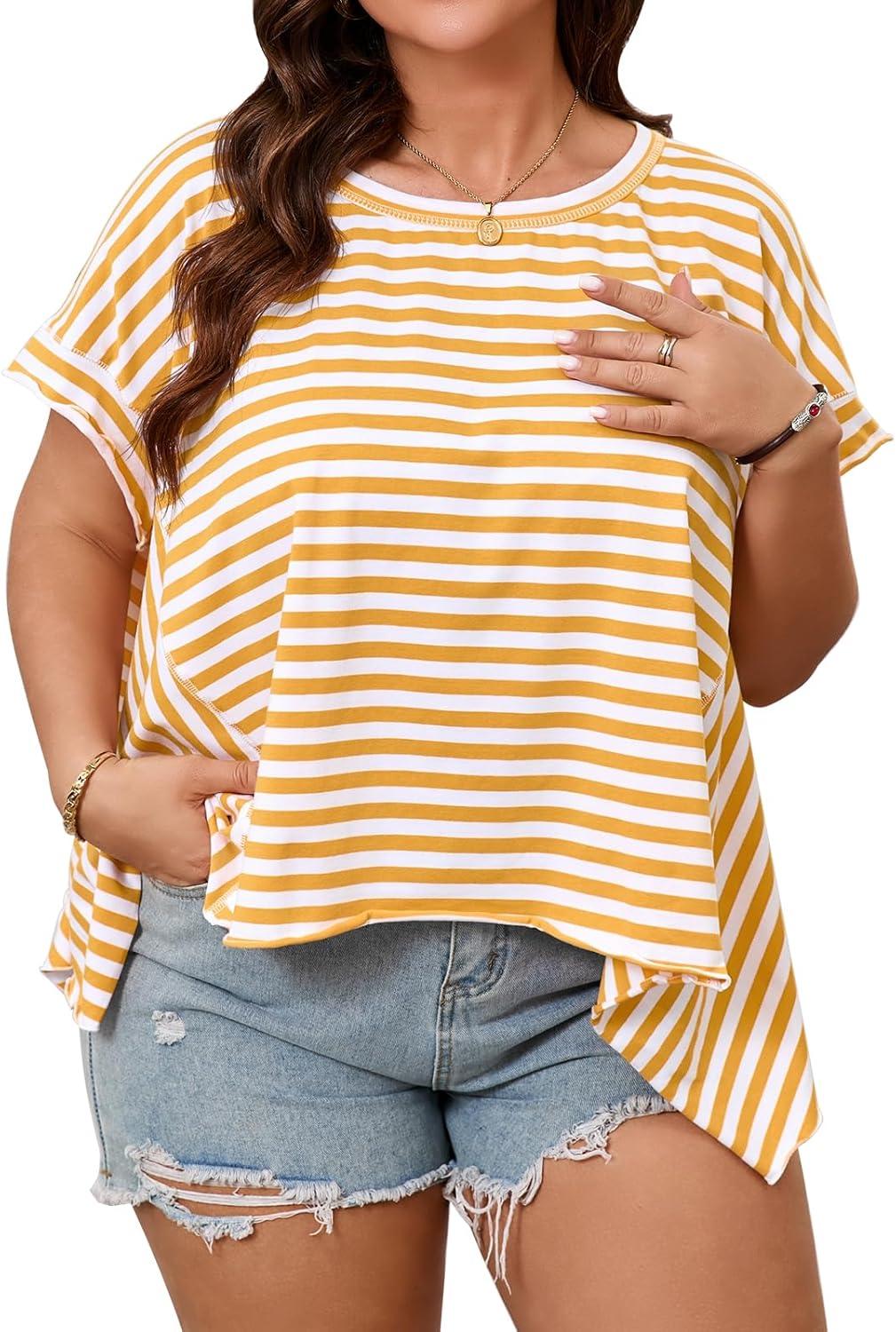 imageTankaneo Womens Oversized Striped Tshirts Irregular Hem Batwing Short Sleeve Tops Summer Casual Round Neck Tee ShirtsYellow