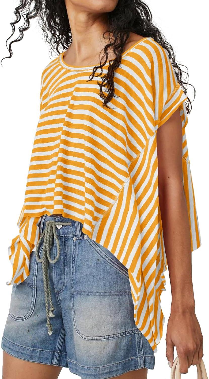 imageTankaneo Womens Oversized Striped Tshirts Irregular Hem Batwing Short Sleeve Tops Summer Casual Round Neck Tee ShirtsYellow